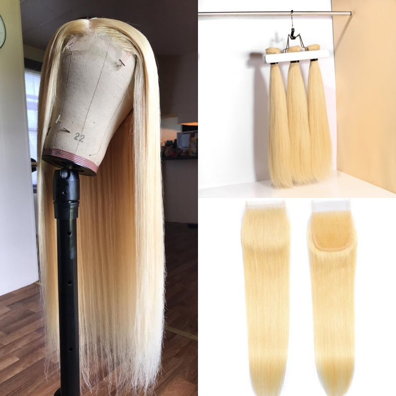 #613 Blonde Straight Hair 3 Bundles with 5x5 HD Closure